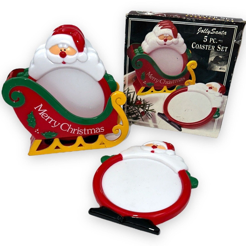 Vintage Santa and sleigh kitschy plastic holiday coaster set